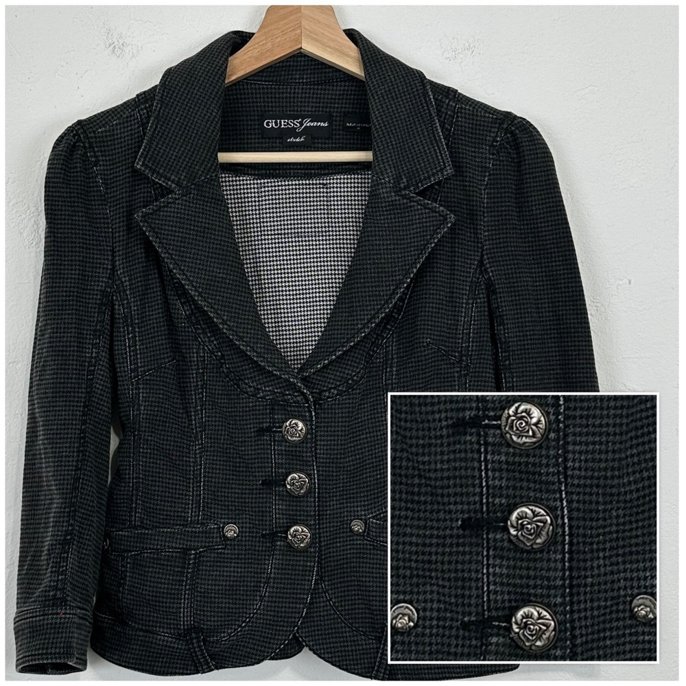 Vintage Guess Jeans Women Y2K 2000s Blazer Sz Medium Houndstooth Fitted Denim